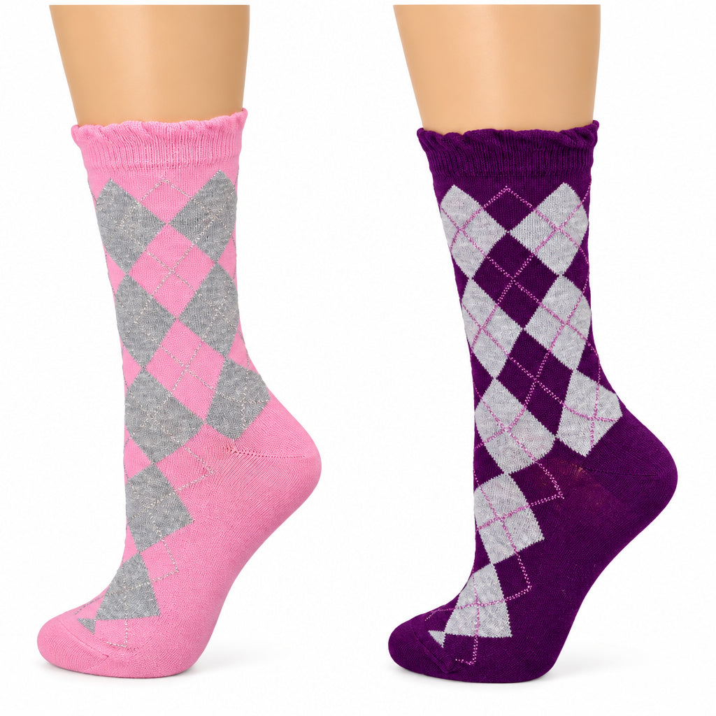 Women's Sparkly Cotton Argyle Crew Socks 2 - Pair Packs - Wear Sierra