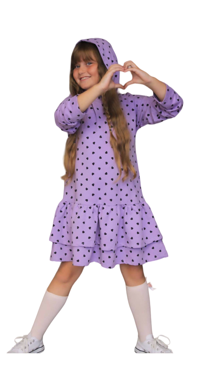 Heart Print Hoodie Ruffled Dress, Girl's Fun Dress, Girl's Comfortable Dress - Wear Sierra