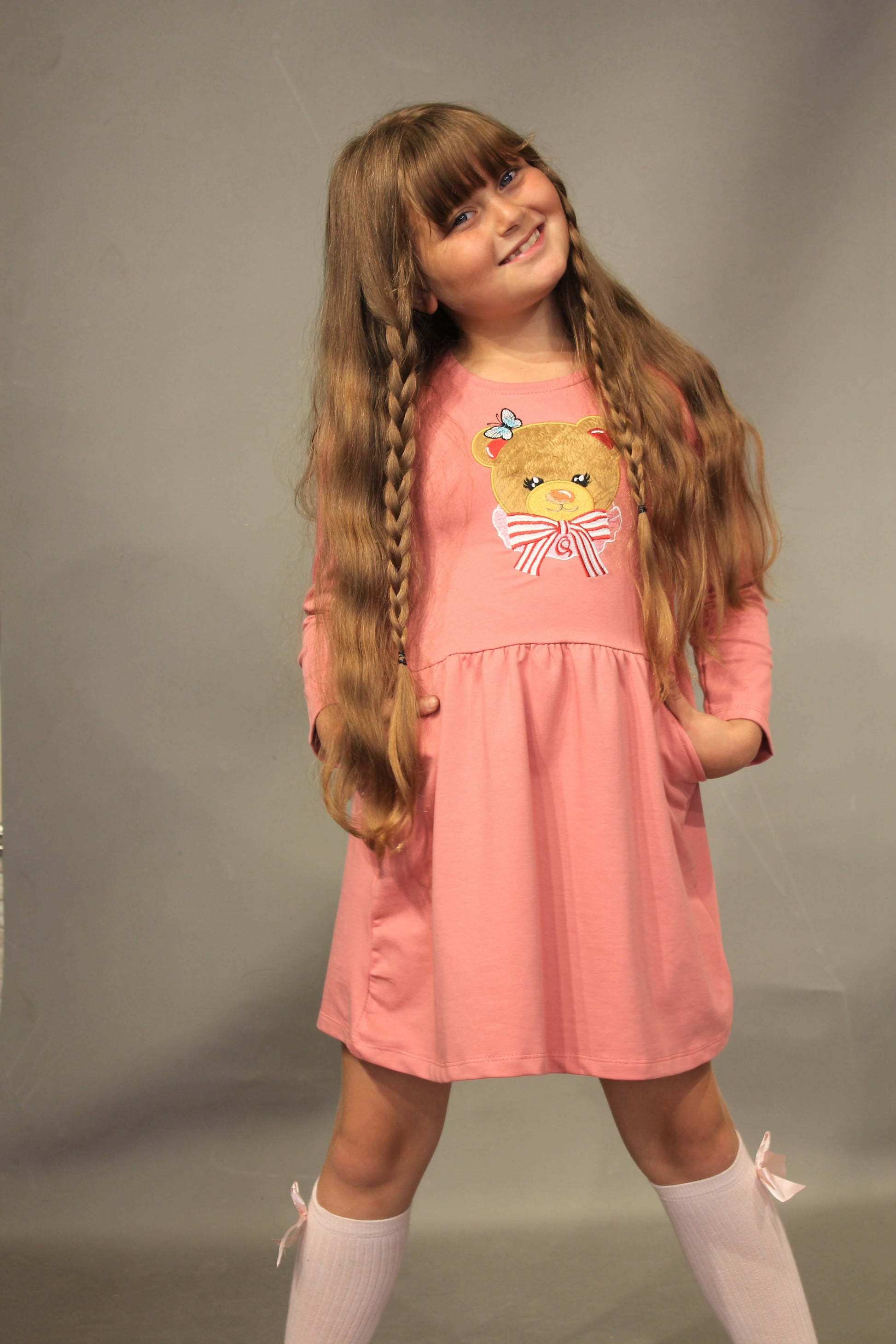 Long Sleeve Girl's Dress with Soft Fur Bear Applique - Wear Sierra