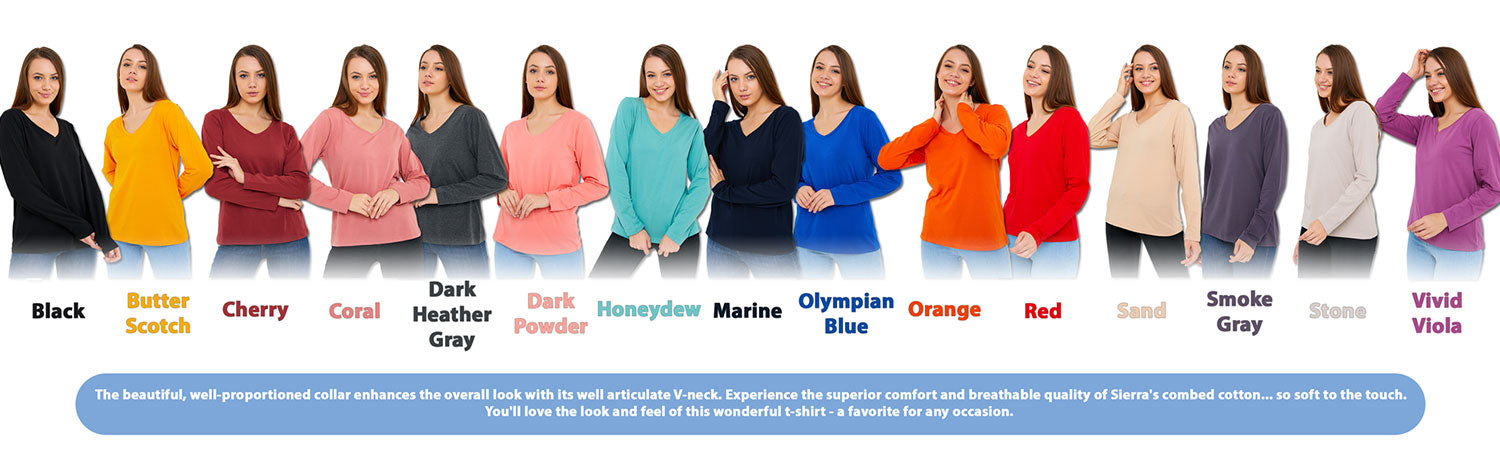 Long Sleeve V-Neck Shirts for Women & Girls - Colorful Pima Cotton-84